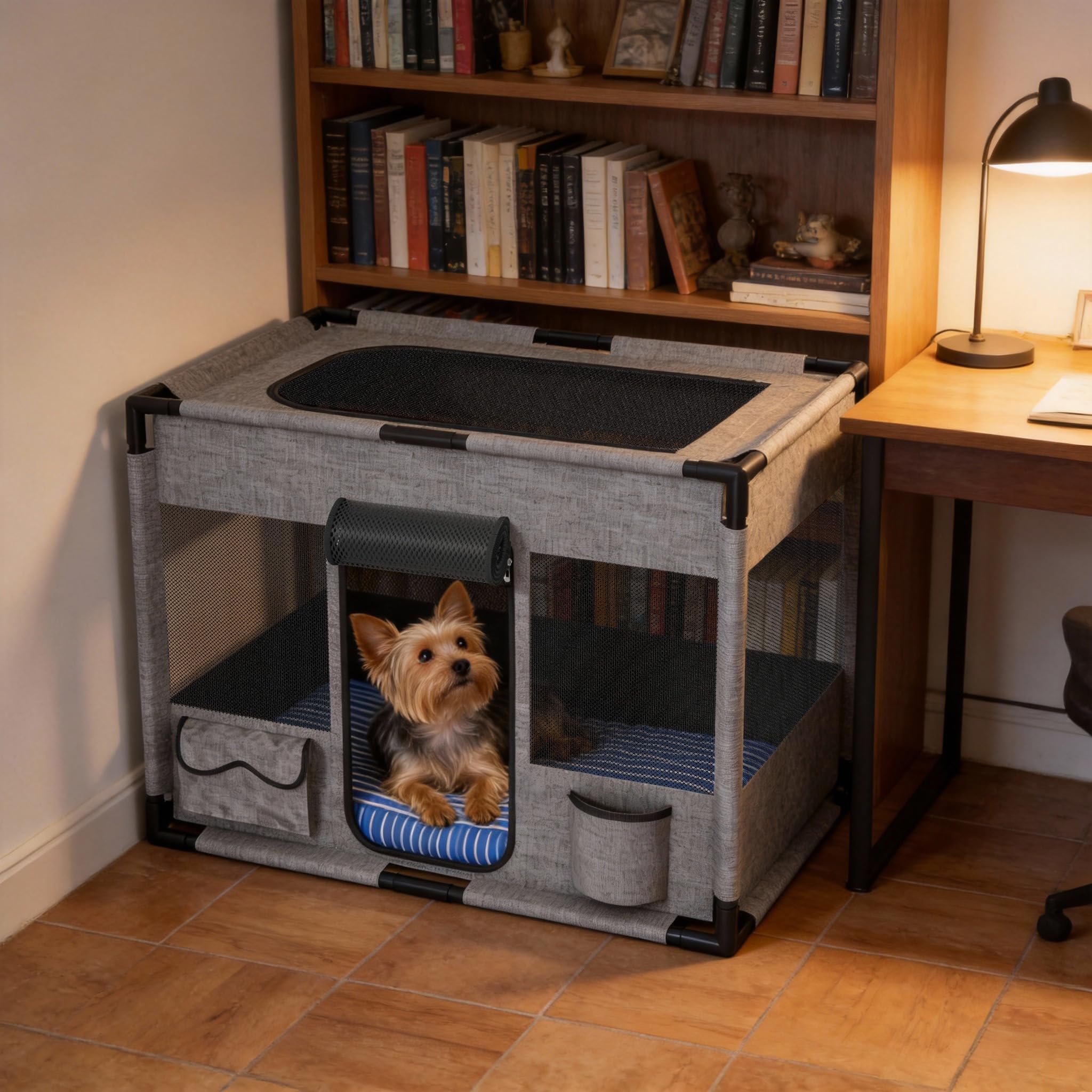 Welpenauslauf für Hunde & Katzen, 600D Oxford-Gewebe, atmungsaktive Netzfenster, PVC-Rahmen, stabil & faltbar, Indoor & Outdoor, Quadratisch, Grau, M, 85 × 65 × 65 cm