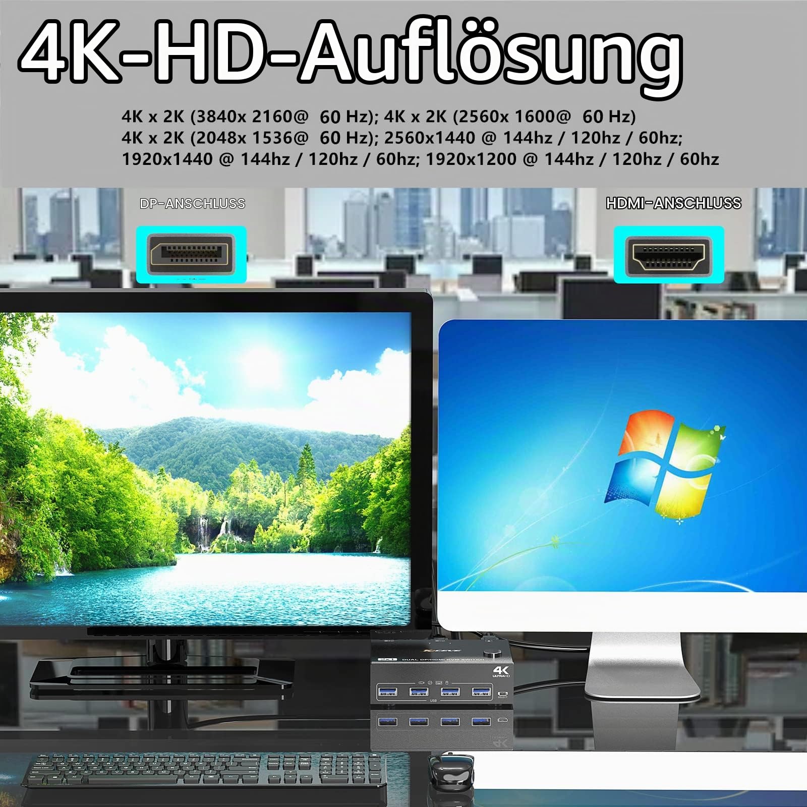 KVM Switch 2 Computer 2 Monitore HDMI DisplayPort, Displayport Zwei Monitore KVM Umschalter für zwei Monitore, Unterstützt 4K@60Hz für 2 Computer, die Tastatur, Maus und Monitor teilen