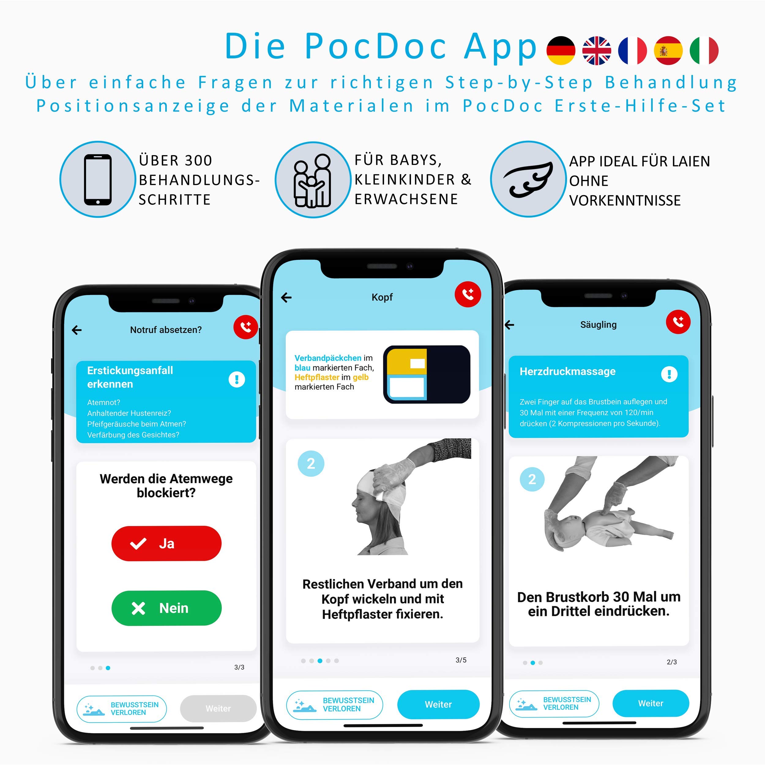 PocDoc Premium - Smarter Verbandskasten mit Erste Hilfe APP (iOS & Android) - KFZ DIN 13164 fürs Auto & Zuhause + Kühlkompresse, Pinzette & Wundreinigungstücher