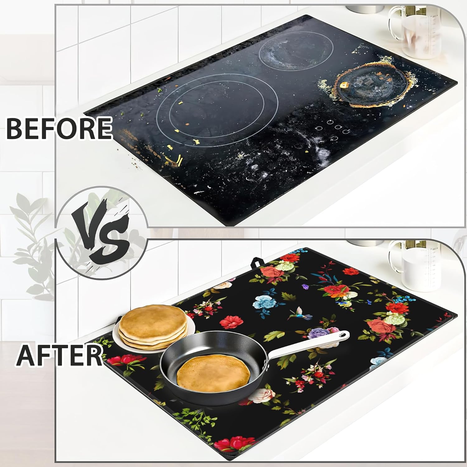 Electric Stove Top Cover Protector – Vintage Rose Flowers Glass Flat Top Stove Mat Oven Induction Cooktop Mat for Ceramic Countertop Mats Heat-Resistant Dish Drying Mat