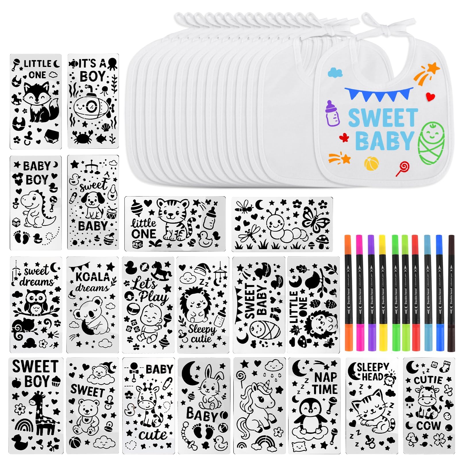 Babylätzchen zum Bemalen 22×18cm, 15er Set aus Baumwolle mit 12 Textilstiften und 20 Schablonen, Kreatives Lätzchen Bemalen Baby Set für Babyparty, Babyshower Spiele, Jungen und Mädchen Geschenkidee