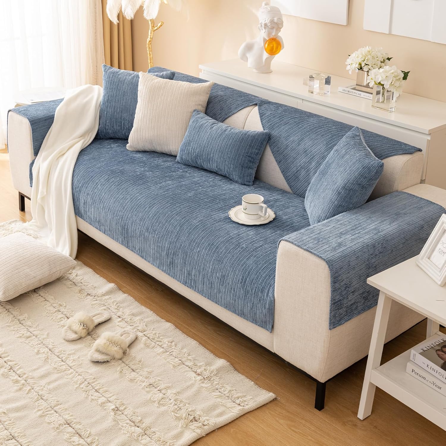 Foreate Chenille Couch Cover Fuzzy Sectional Couch Sofa Covers for Pets Washable Non-Slip L Shaped Sofa Slipcover for Dogs Furniture Protector for Cats (1 PCS 35"x82" Blue)