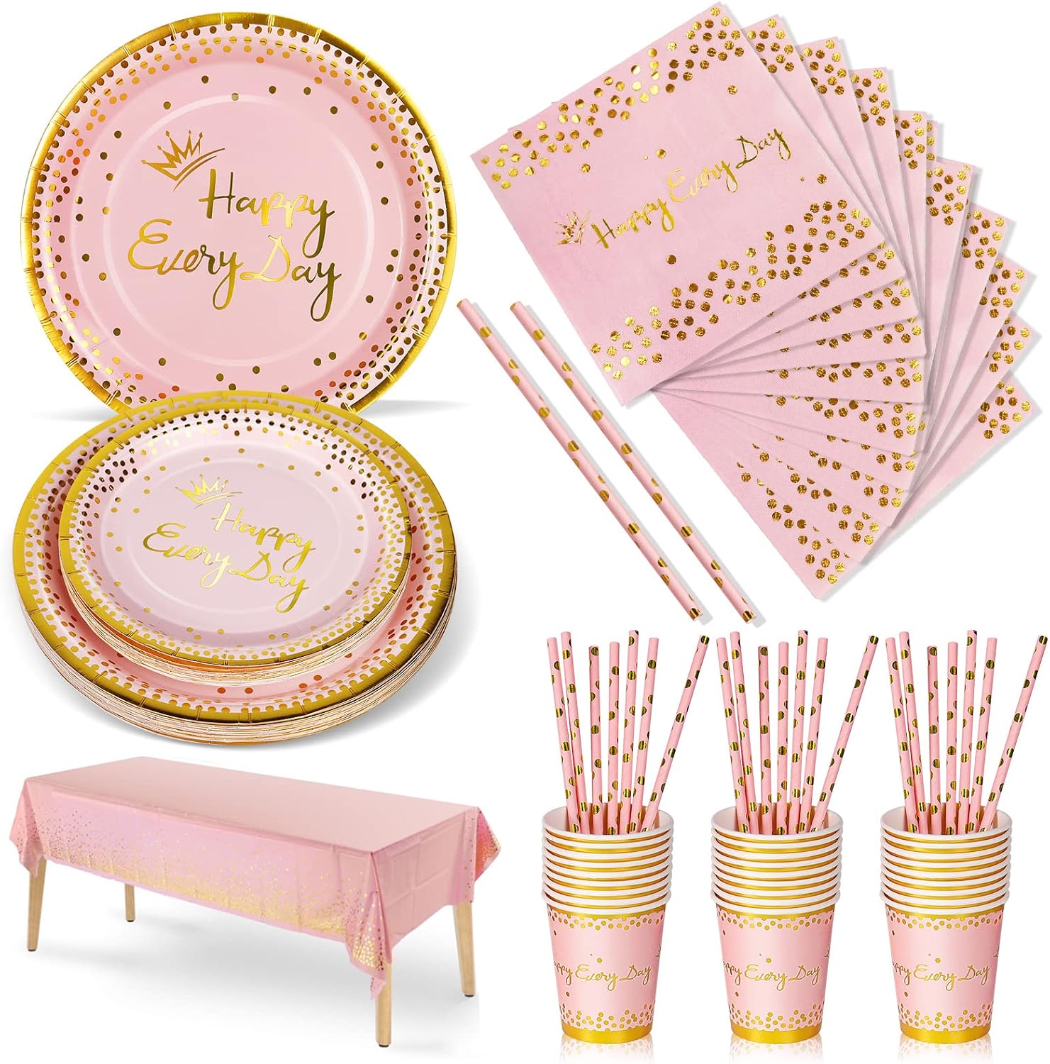 Nkaiso Party Tableware 126 Piece Pink Gold Paper Tableware Set Includes Birthday Paper Plates Napkins Cups Straws for Wedding Shower Engagement Wedding Birthday-25 Guests