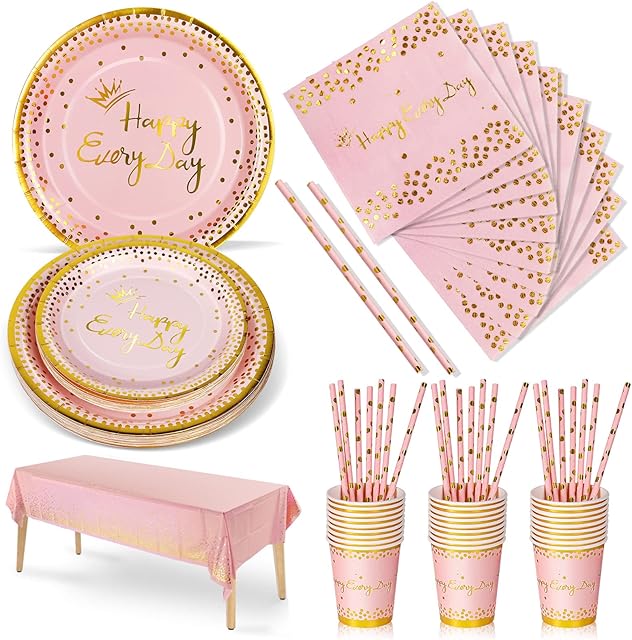 Nkaiso Party Tableware 126 Piece Pink Gold Paper Tableware Set Includes Birthday Paper Plates Napkins Cups Straws for Wedding Shower Engagement Wedding Birthday-25 Guests