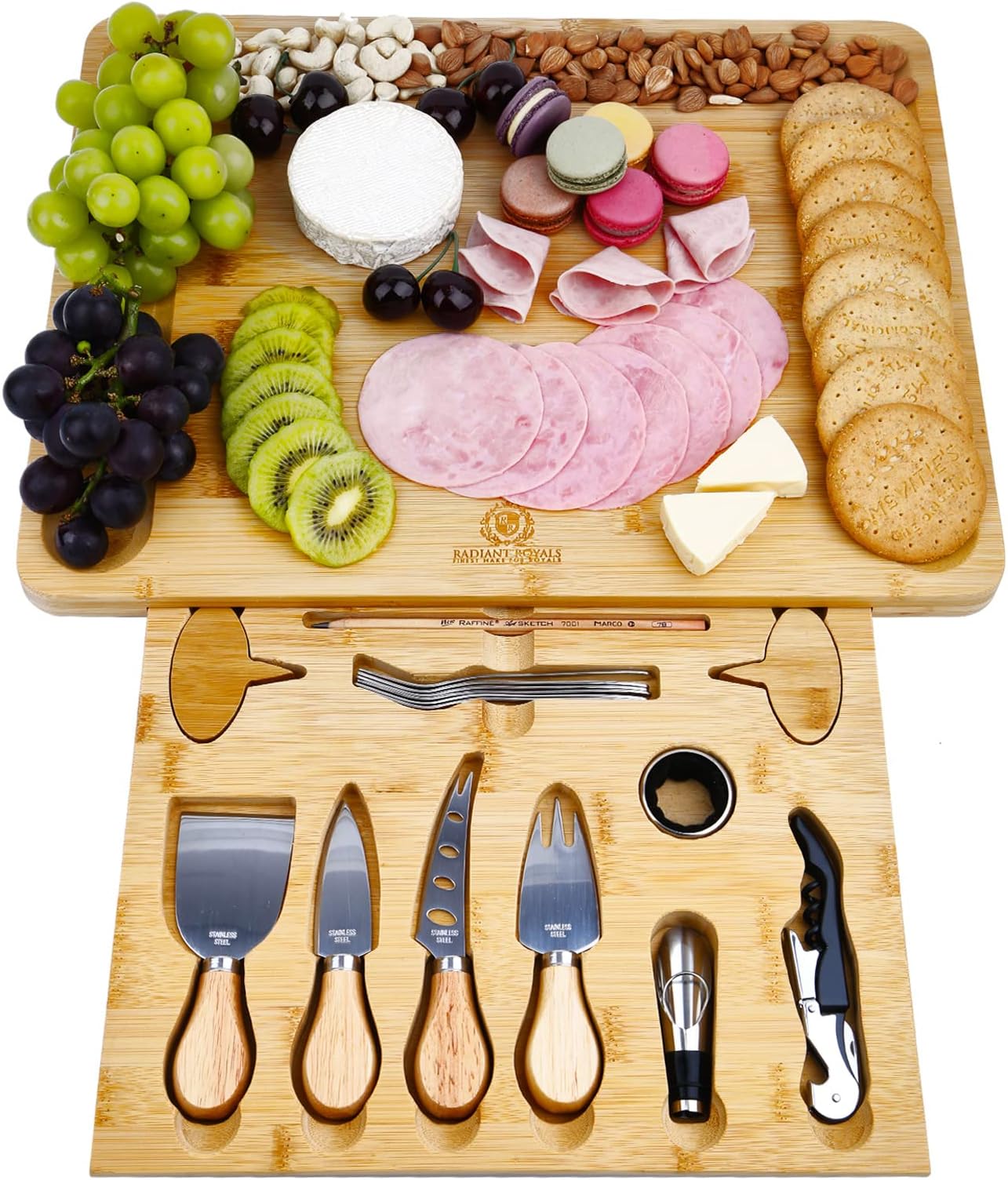 Premium 19-Accessories Extra Large Cheese Plate Board with Wine & Cheese Accessories, Serving Forks and Cheese Knives, House Party, Unique Housewarming Gift