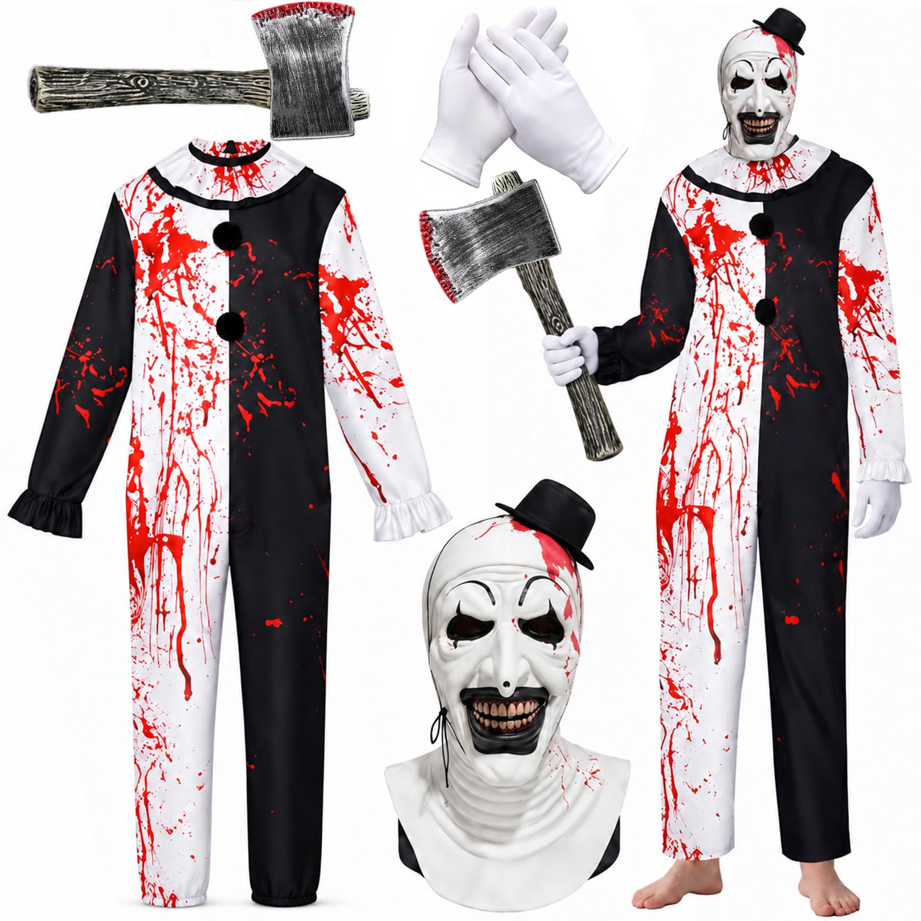 Horror Killer Clown Kostüm Herren,Horror Clown Kostüm Erwachsene,Killer Clown Kostüm Set,Halloween Terrifier Kostüm,mit Schwarz-Weiß Jumpsuit und Horror Terrifier Hut Maske,Handschuhen,Axt