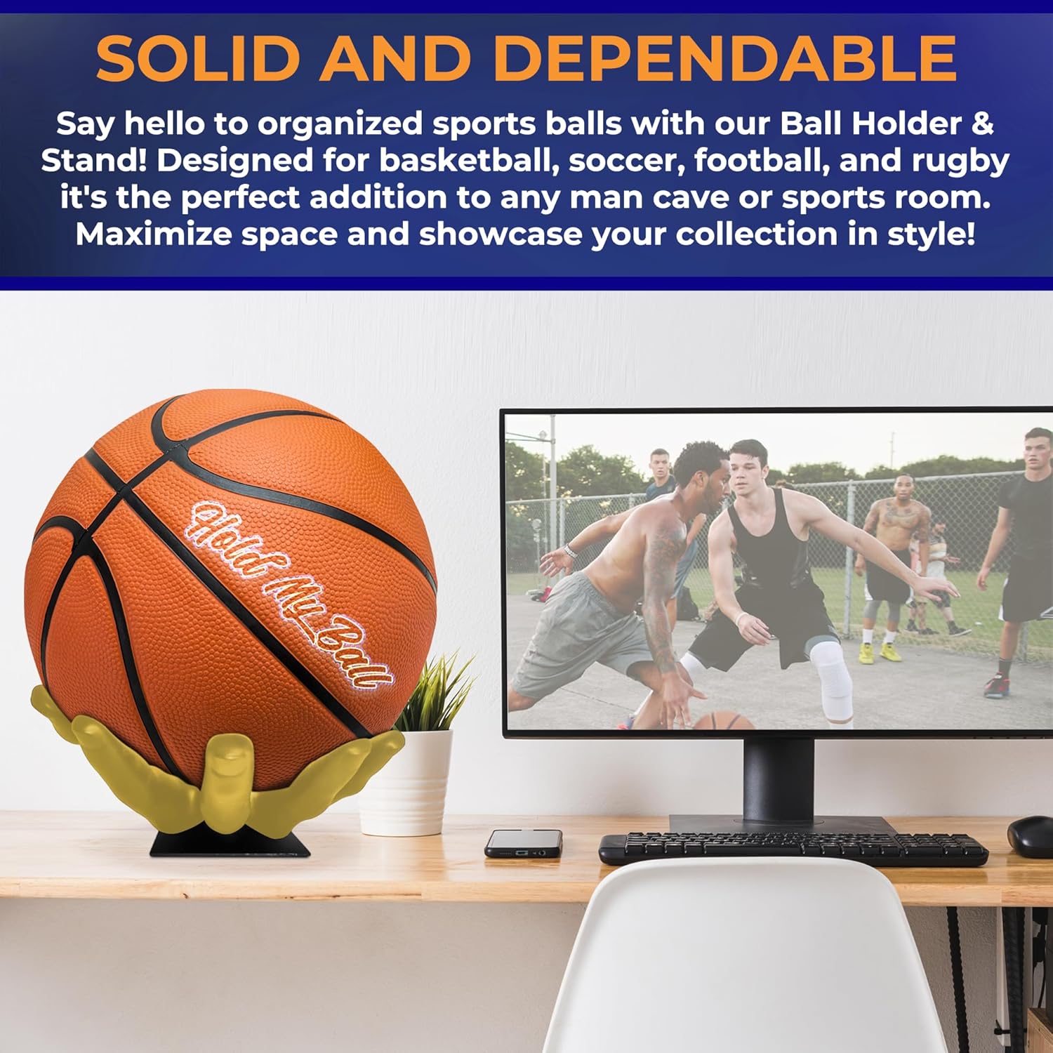 Large Hand-Sculptured Ball Holder & Stand - Versatile Rack for Basketball, Soccer, or Volleyballs - Durable Sports Display Organizer, Basketball Room Decor, Non-Slip Table Stand for Man Cave & More