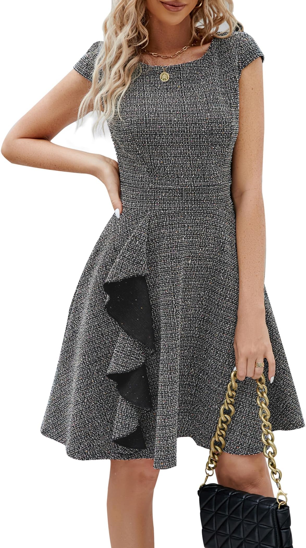 JASAMBACWomens Fall Work Dresses Vintage 1950s Flared A Line Tweed Dress Church Midi Dresses Business Casual Outfits