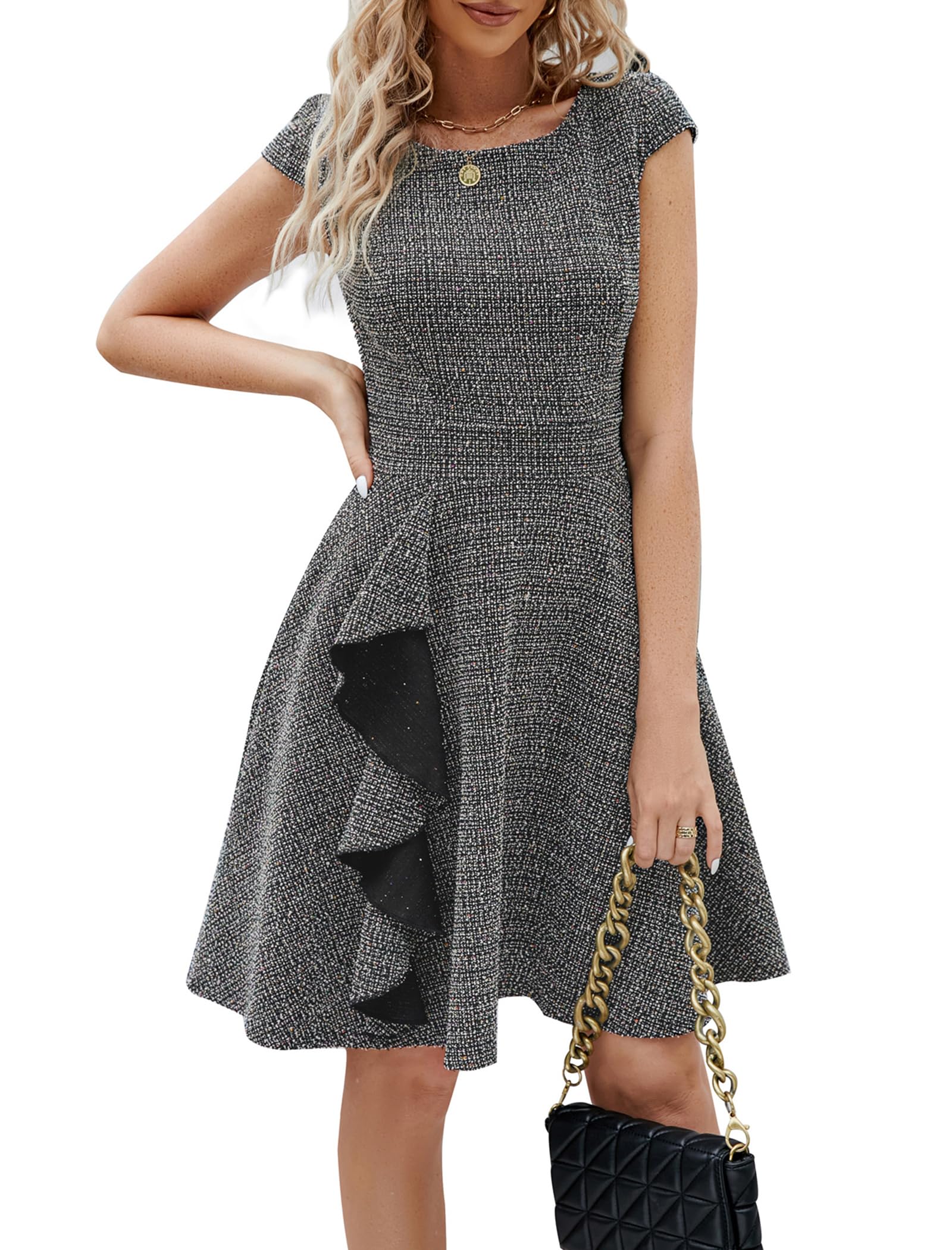 JASAMBACWomens Fall Work Dresses Vintage 1950s Flared A Line Tweed Dress Church Midi Dresses Business Casual Outfits