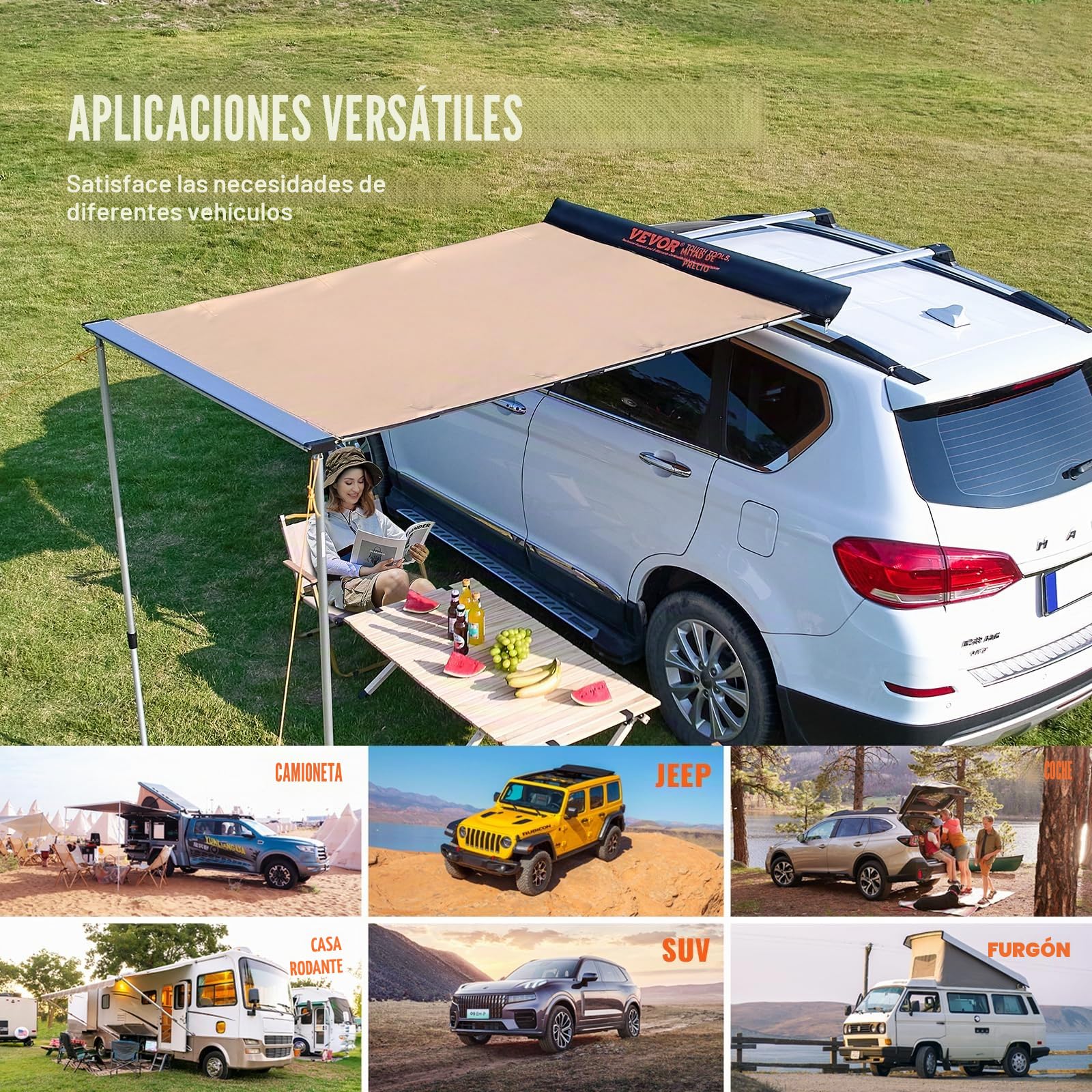 VEVOR Toldo Retráctil Lateral/Trasero para Coche 1,4x2 m PU3000 mm UV50+ Resistente al Sol/Agua/Viento Con Bolsa de Almacenamiento para Camiones Furgonetas Autocaravanas