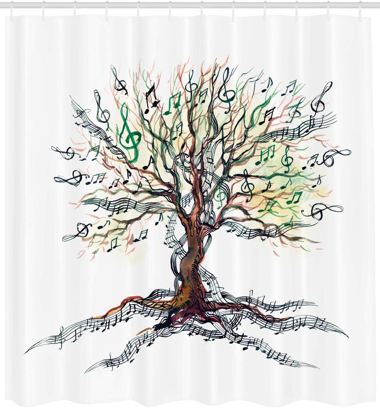 Ambesonne Music Shower Curtain, Musical Tree Autumnal Clef Trunk Swirl Nature Illustration Leaves Creative Design, Cloth Fabric Bathroom Decor Set with Hooks, 69" W x 70" L, White Jade Green Brown