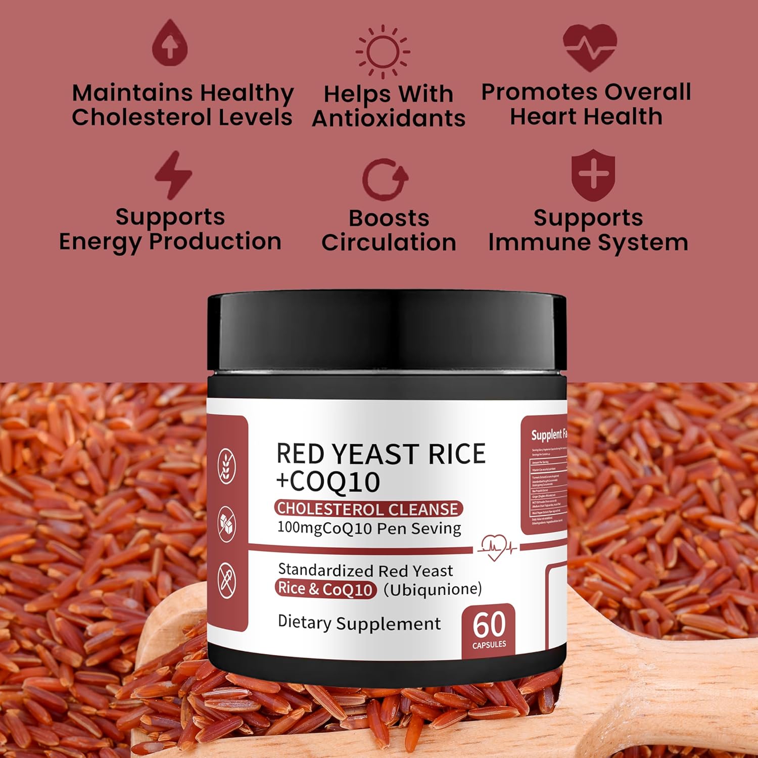 Red Yeast Rice with CoQ10 Supplement - red Yeast Rice Advanced 1200mg Formula for Heart & Cholesterol Support - 60 Capsules