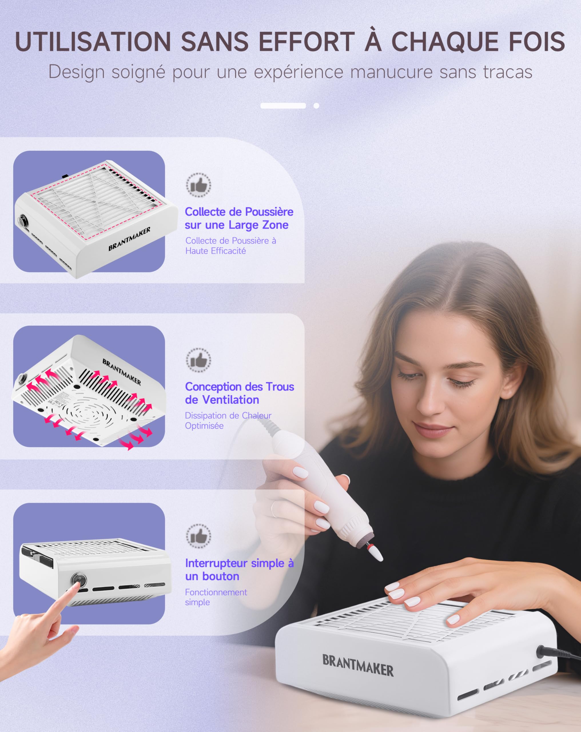 BRANTMAKER Aspirateur Ongle Professionnelle avec Brosse et 2 Filtres Réutilisables，60W Aspirateur Manucure Poussiere Ongle (Blanc) | Plastique, Aspirateur Manucure Poussiere Ongle