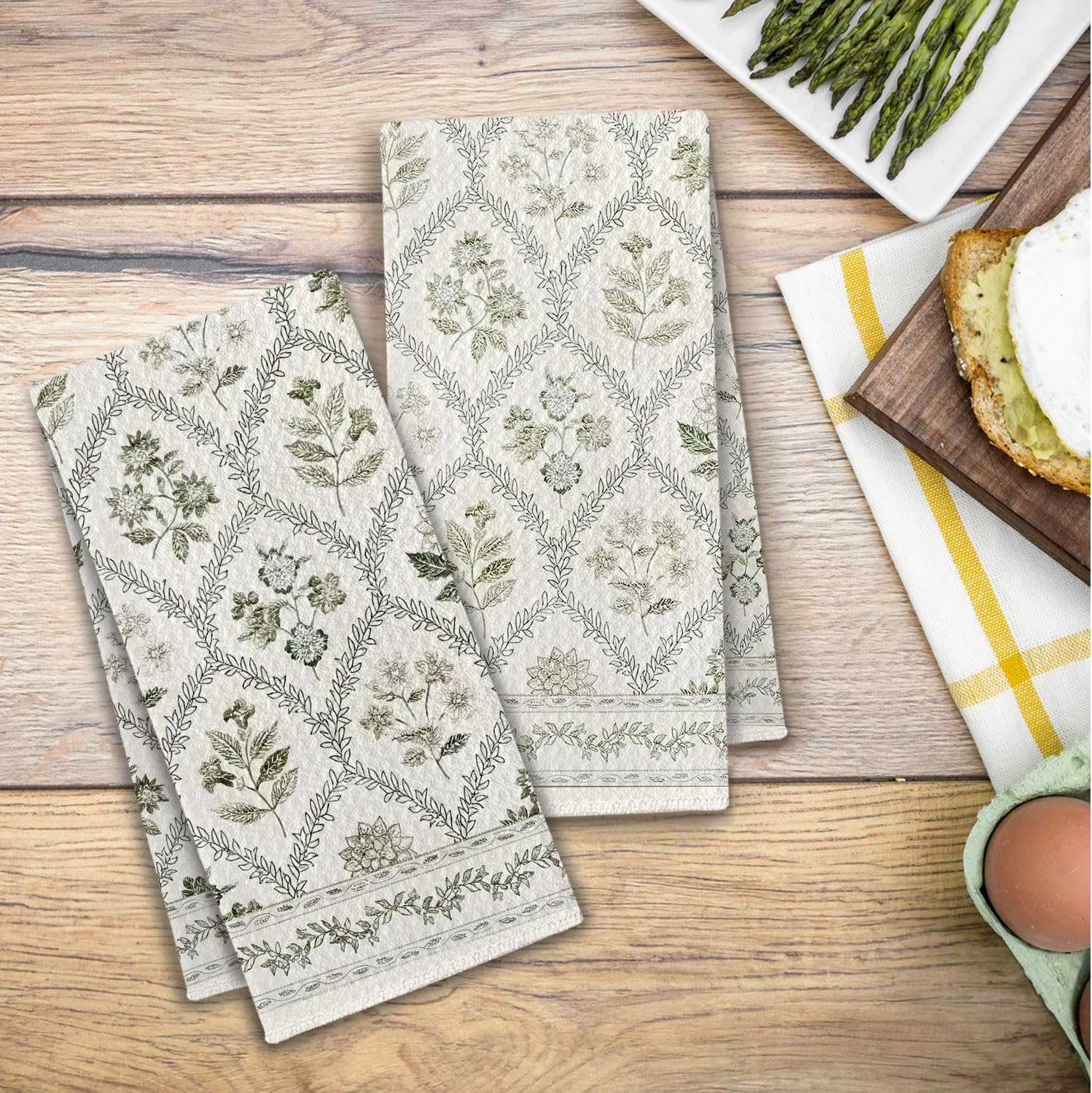 Boho Botanical Floral Kitchen Towels, Farmhouse Cottagecore Dish Tea Towels for Kitchen Decor, Retro Art Nouveau Flower Decorative Hand Towel for Bathroom, 16x24 Inches Set of 2 - Image 5