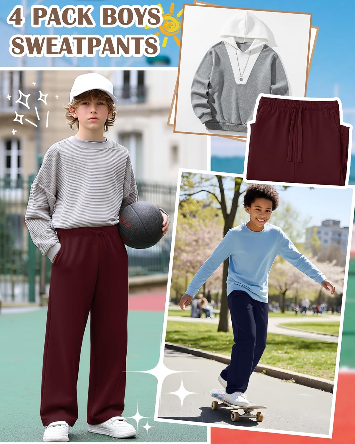 4 Pack Boys Sweatpants Straight Leg Open Bottom Athletic Joggers Lightweight Elastic Waist Pants with Pockets - Image 2