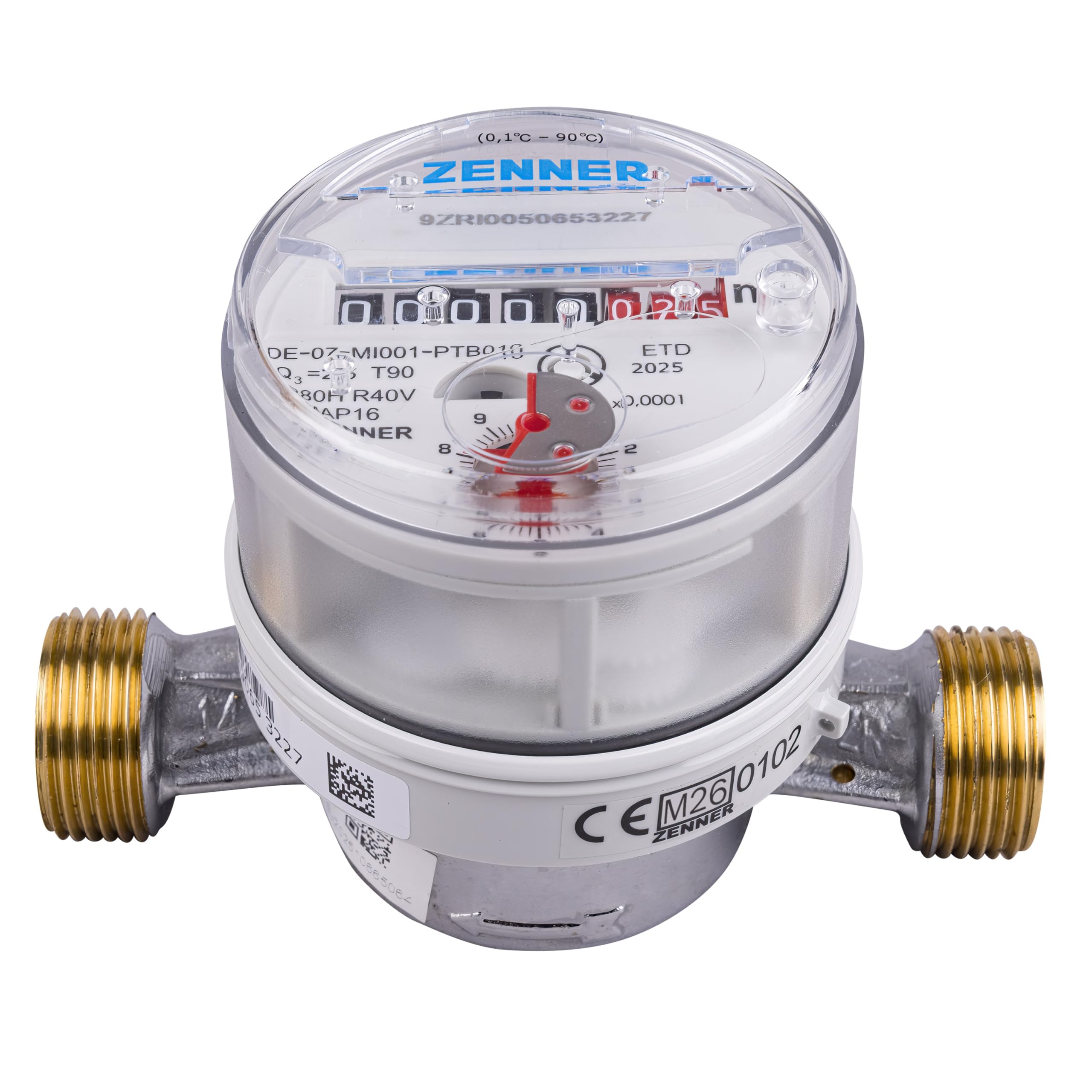Contador de agua de Zenner Q3 = 2,5 para agua fría + caliente, BL 110 mm, 3/4 pulgadas de conexión/calibrado 2026 con la marca "CE M26 0102" lateralmente en el contador.