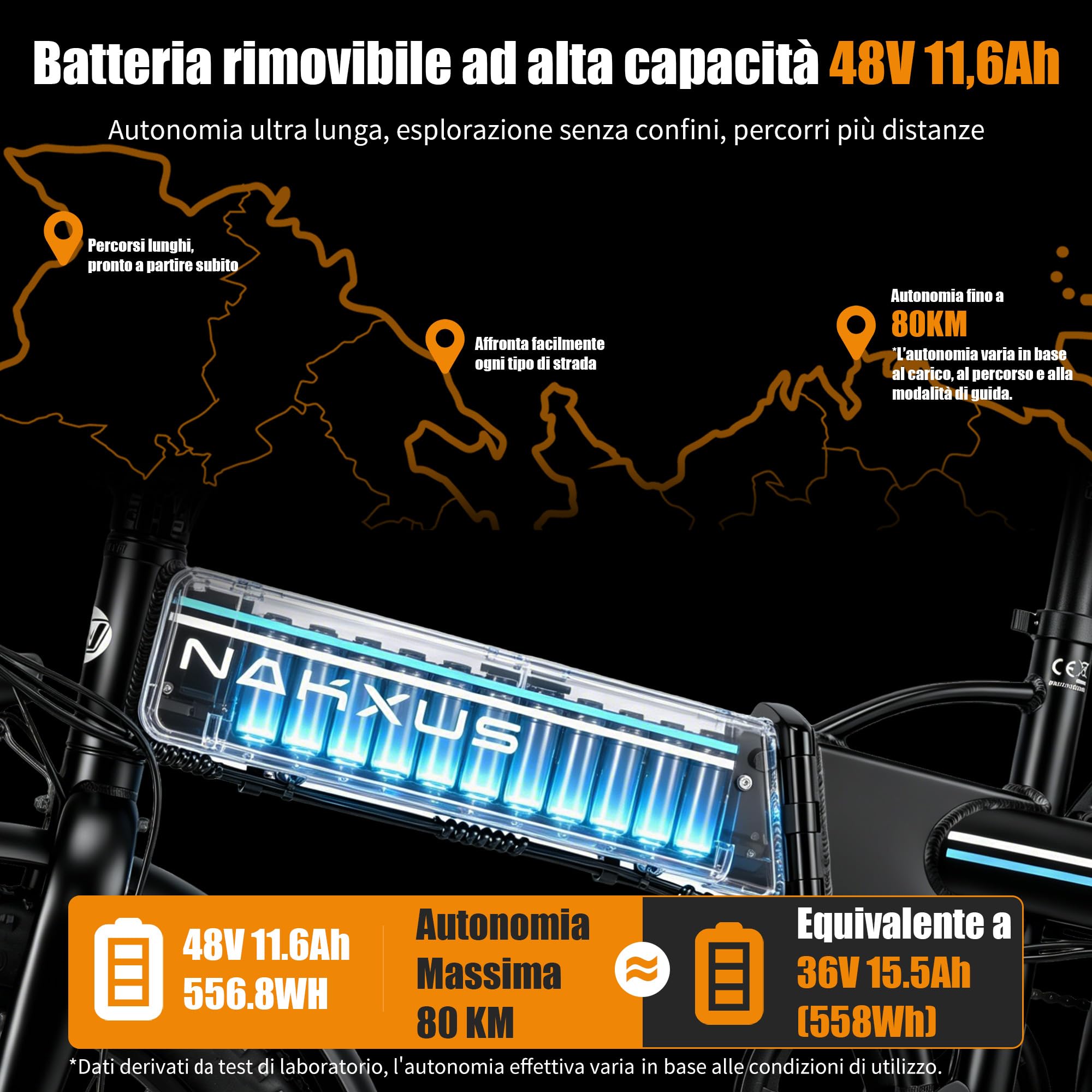 Bicicletta elettrica 20F063 da 20 pollici, batteria da 48 V 11,6 Ah estraibile, motore da 250 W, display LCD, 7 marce, portata 55-80 km, 25 km/h, IPX5 impermeabile per adulti
