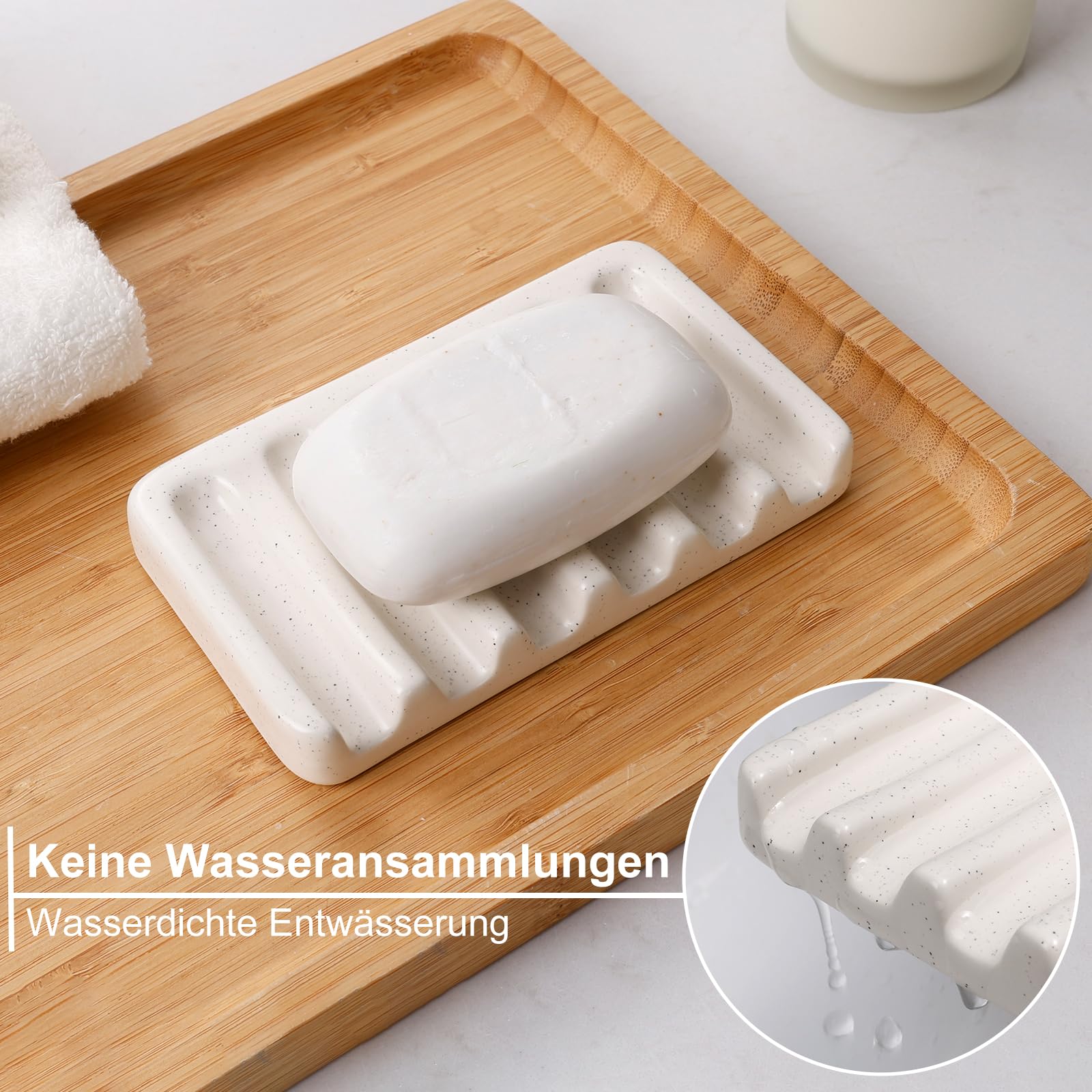 Badezimmer Set Beige UMLACA Bad Zubehör Keramik 4-Teiliges Enthält 350ml Schaumseifenspender,Zahnputzbecher,Seifenschale,Wattestäbchen Behälter,Edle Badezimmer Deko
