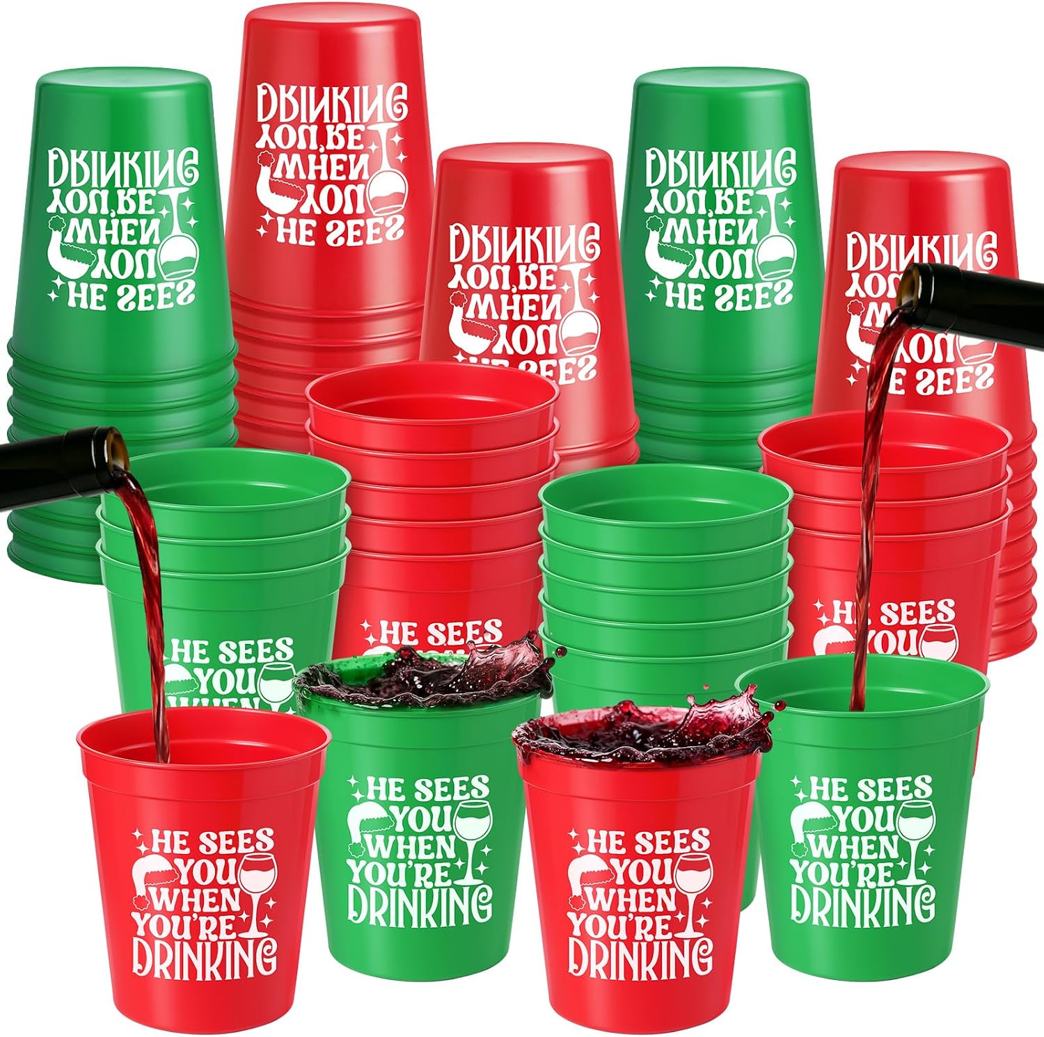 48 Pack Christmas Plastic Cups Bulk 16 oz Red and Green Reusable Stadium Cups He Sees You When You're Drinking Bar Wineglass Funny Christmas Santa Theme Party Supplies for Beer Coffee Hot Cold Drinks
