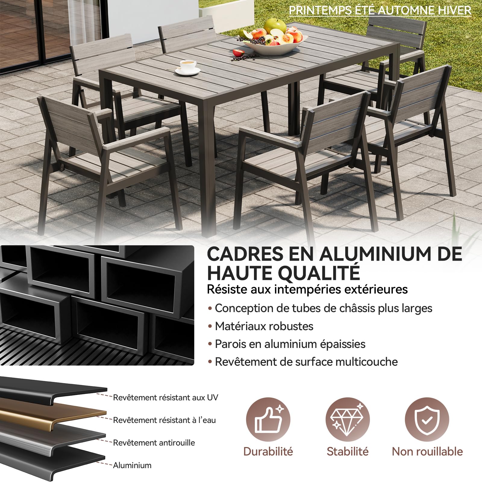 Devoko HDPS Conjunto de jardín de exterior de 7 piezas, resistente a la intemperie,con mesa de 150 cm y 6 sillas de jardín de exterior de aluminio,acabado imitación madera y fácil mantenimiento (gris)