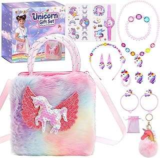 Licorne Sac a Main Bijoux Enfants Fille, 15 Pièces Sac à Main Licorne, Kit Bijoux Princesse Accessoire, Collier Bracelet Boucles d'oreilles Bagues, Cadeau Fille 3 4 5 6 7 8 Ans