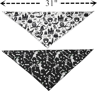 Halloween Bandana for Dogs, 2 Pack White and Black Halloween Dog Scarf Large