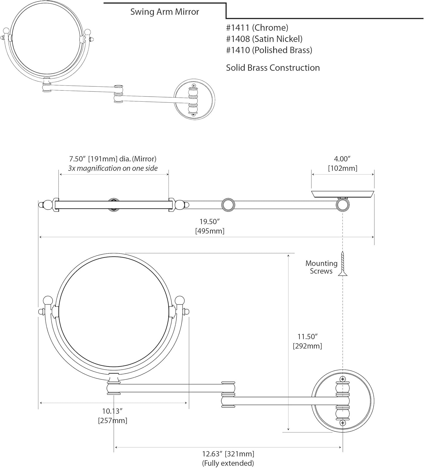 Gatco 1411 Wall Mount Mirror with 14-Inch Swing Arm Extents, Chrome