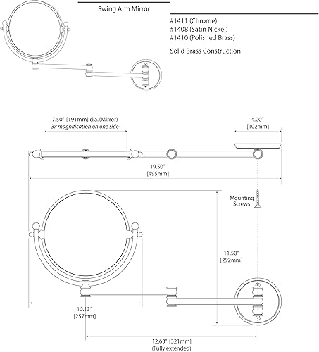 Miniatura 6 de Gatco 1439SN Espejo de montaje en pared con brazo acordeano, níquel satinado, 7.50"
