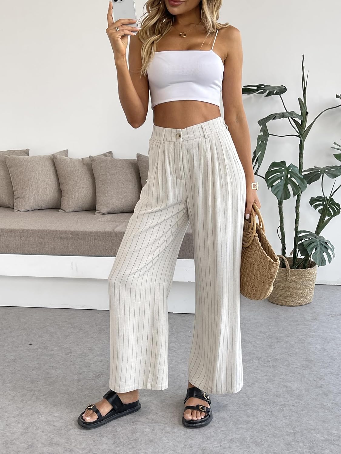 heipeiwa Women's Linen Pants Striped Culottes Summer Wide Leg Trouser Dress Casual Capris - Image 3