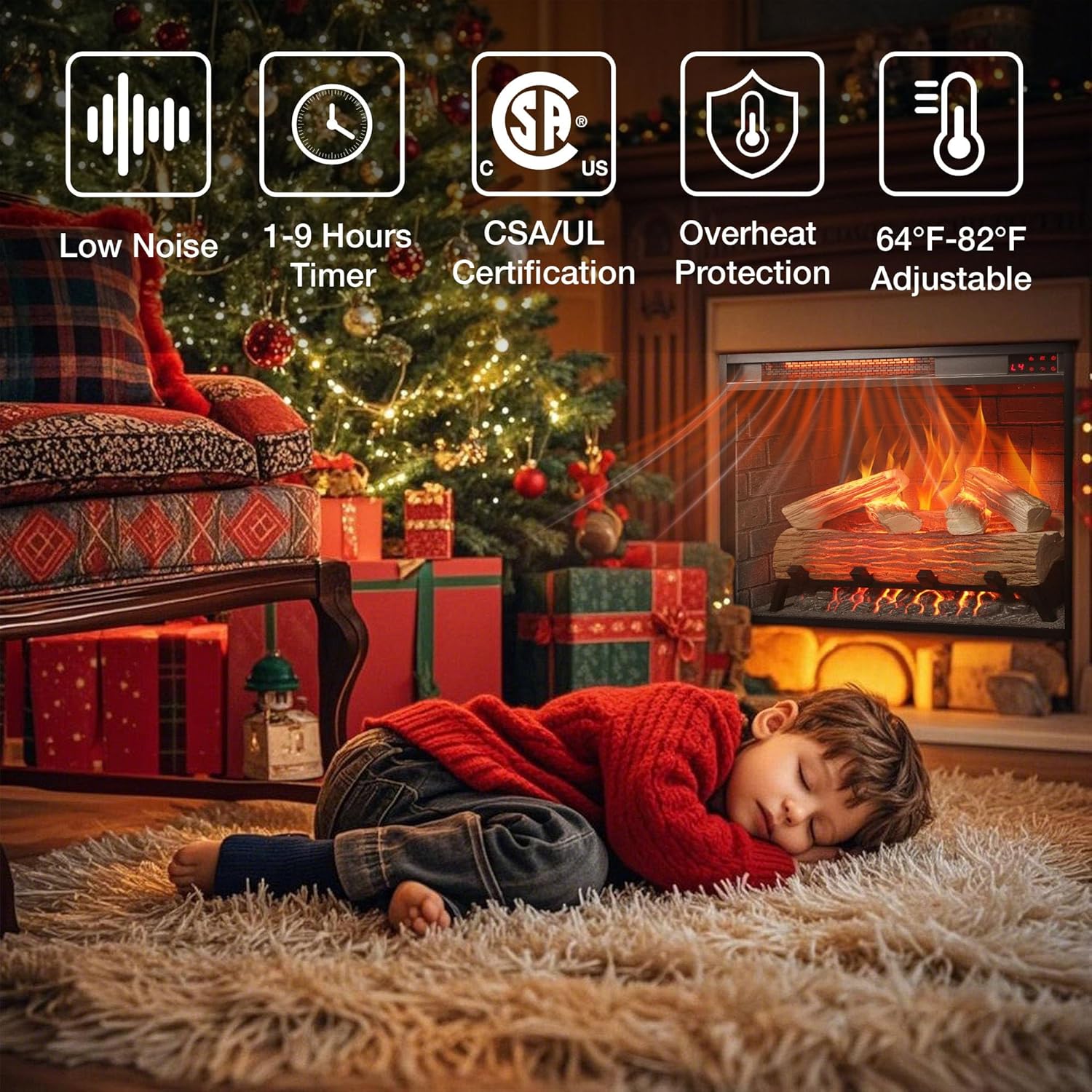 23" Electric Fireplace Insert, Adjustable 5 Flame Brightness, Fireplace Heater with Thermostat, 9H Timer, Remote, Low Noise, Overheat Protection, 1500W (23" W X 19 3/4" H)