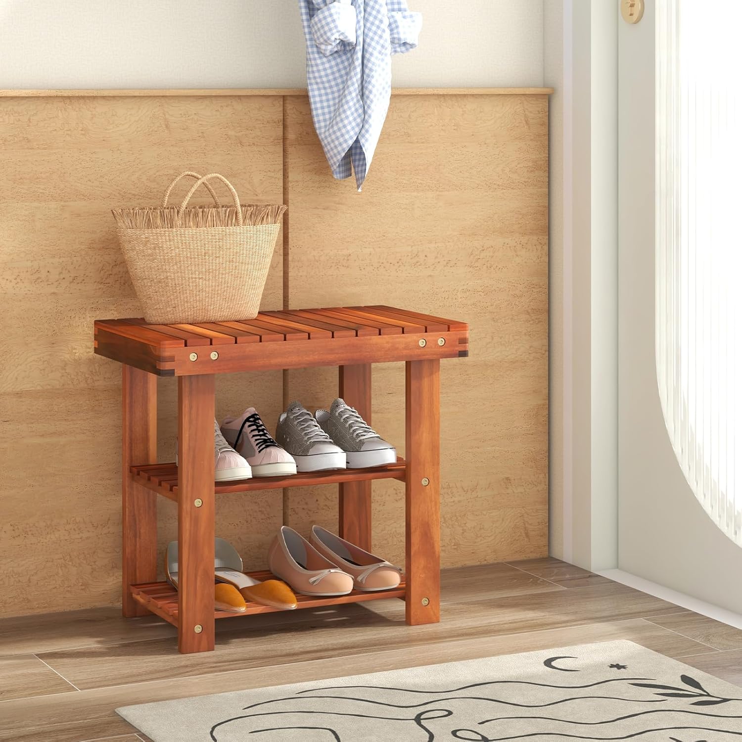 Tangkula Acacia Wood Shoe Rack Bench, 3 Tier Sturdy Bench, Storage Organizer, Holds up to 180lbs for Entryway, Bedroom, Living Room, Balcony, Teak Color (19-inch)