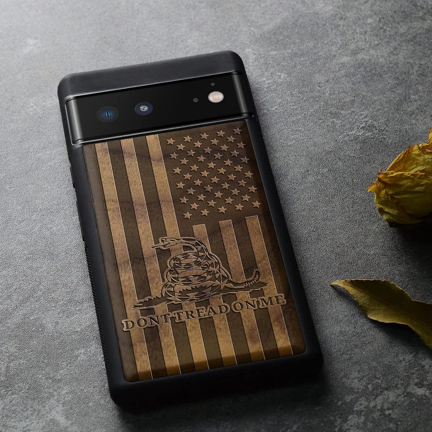 Carveit Wood Case for Pixel 6 Case [Natural Wood & Black Soft TPU] Shockproof Protective Unique & Classy Wooden Cover Compatible with Google Pixel 6 (Gadsden Flag-Walnut)
