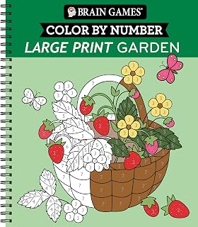 Brain Games Large Print Color by Number Garden Book - 27 Relaxing Adult Coloring Pages, Perforated & Spiral Bound