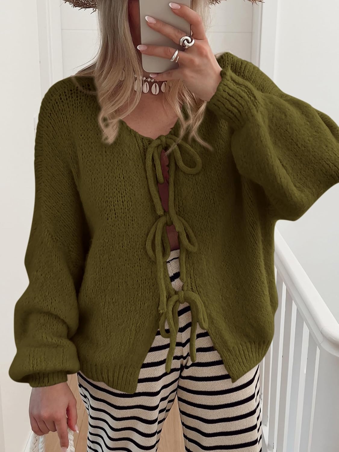 MASCOMODA 2025 Bow Tie Front Cardigan Sweaters for Women Fall Winter Oversized Long Sleeve Open Front Chunky Sweater Coats - Image 2