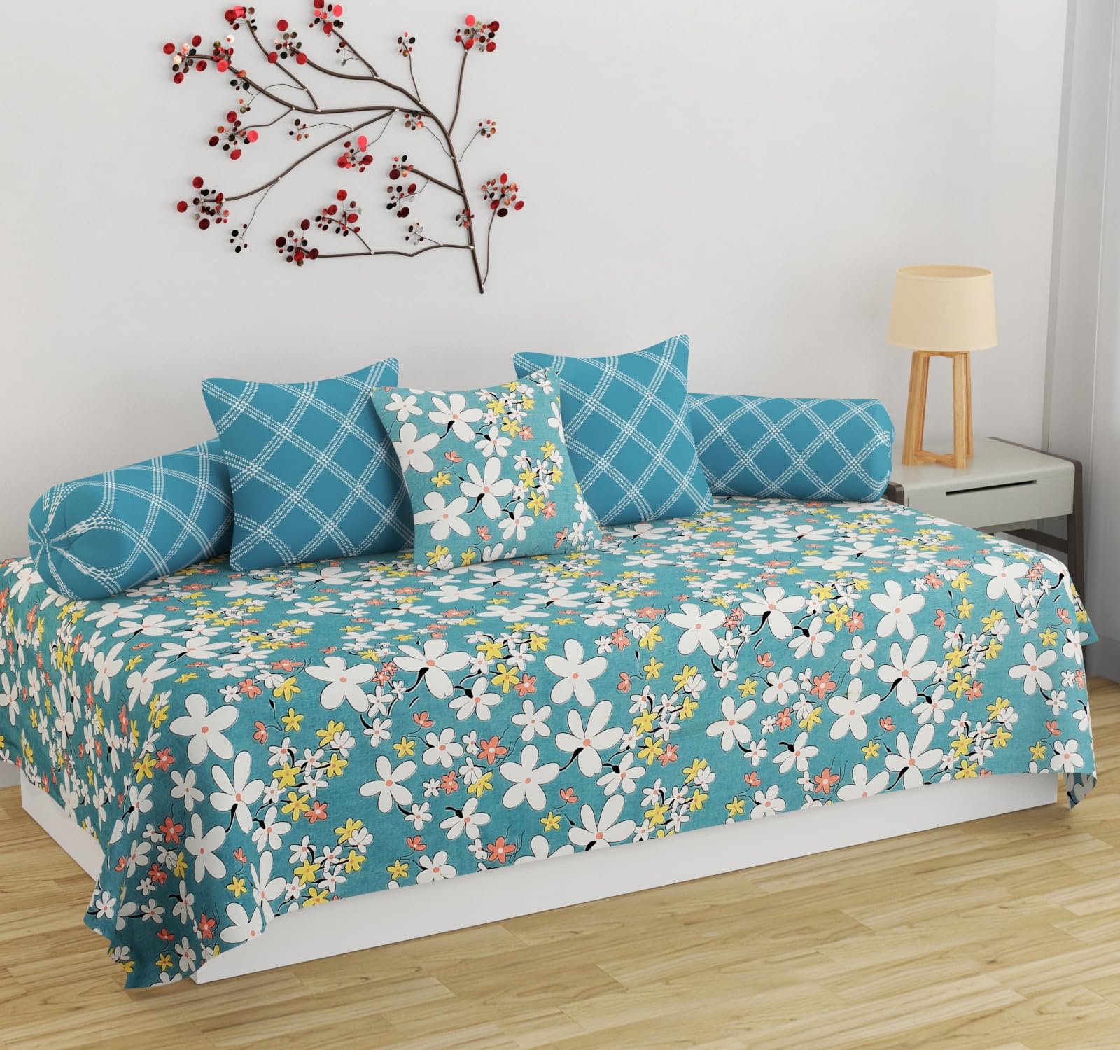 SVOYDECOR diwan Set for Living Room, diwan Set Covers Glace Cotton, Designer diwan Set 8 Pieces (1 Single Bedsheet, 5 Cushion Covers, 2 Bolster Covers, Color- Sky Blue)-image-33