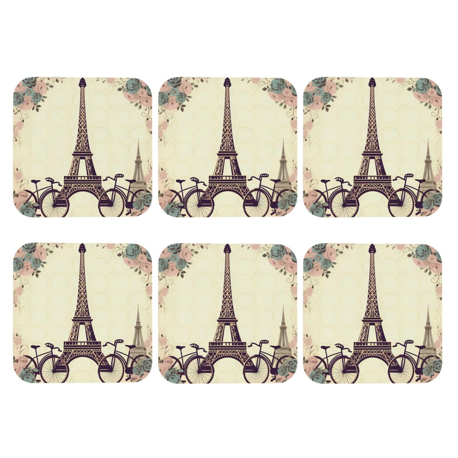 6pcs Leather Coasters for Drinks, Eiffel Tower Bicycle Drink Coasters for Tabletop Protection, 4" Cup Coasters for Coffee Table Decor, Non-Slip Drinking Cup Mat for Hot Or Cold Drink