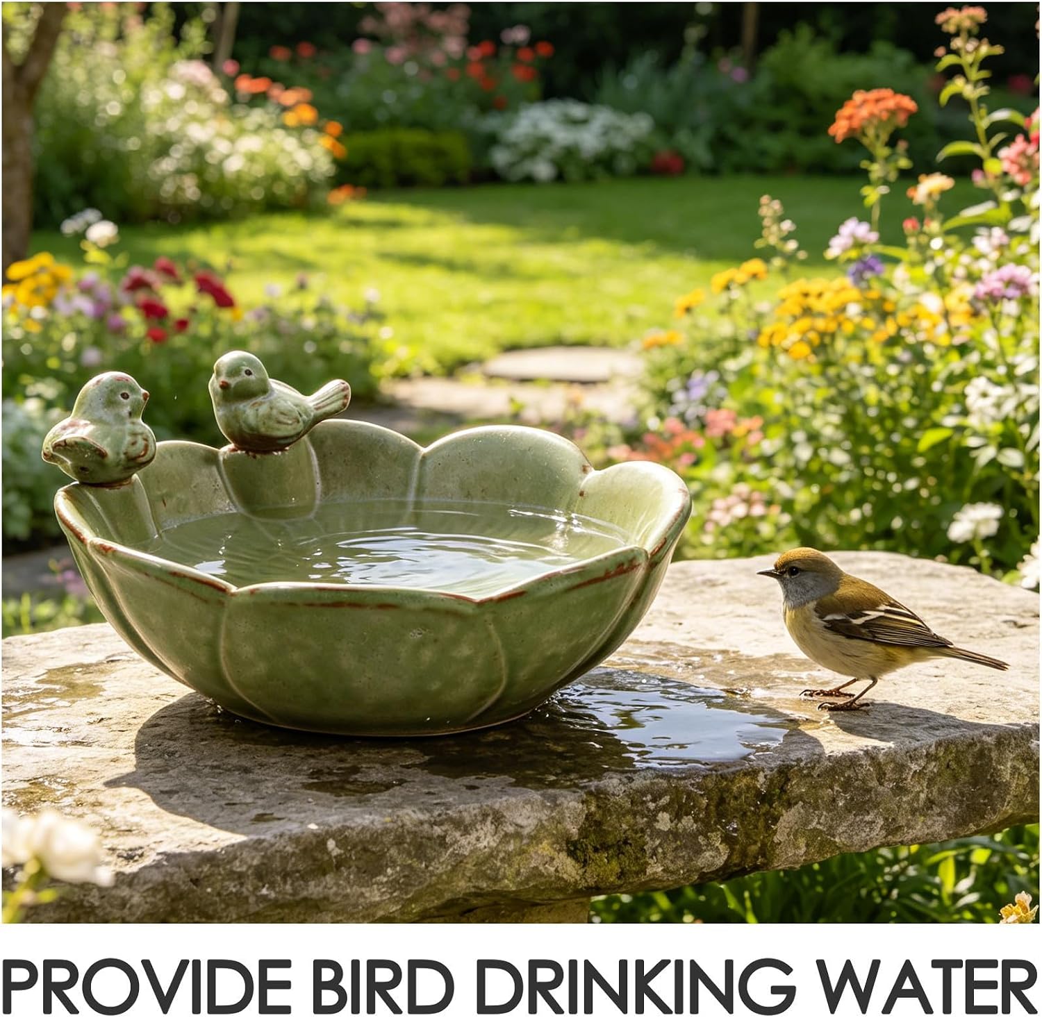 POPETPOP Ceramic Bird Bath Bowl with Bird Ornament for Deck and Patio Versatile Utility and Easy Maintenance Decorative Elegant Ceramic Design