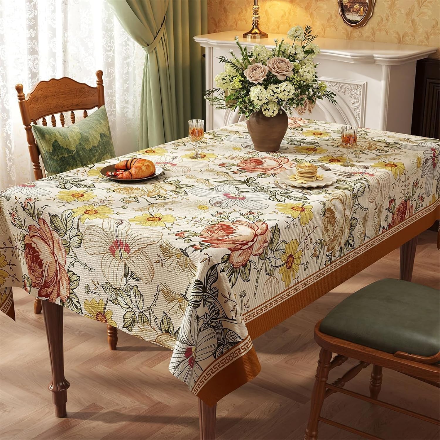 KIJyfgTR Rustic Floral Print Wipeable Tablecloth Decor For Outdoor Garden Parties And Kitchen Worktops(Floral,140x260cm)