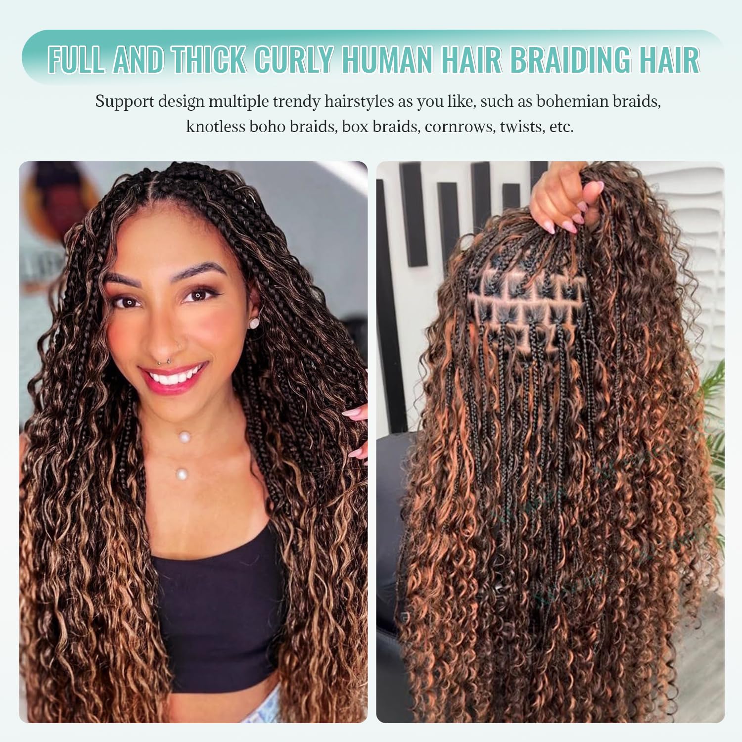 Black with Brown Highlight Human Braiding Hair for Boho Braids Deep Water Wave Brazilian Virgin Remy Extensions for Black Women No Weft 2 Bundles Wet and Wavy Bulk Human Hair for Twist Braids 12 Inch