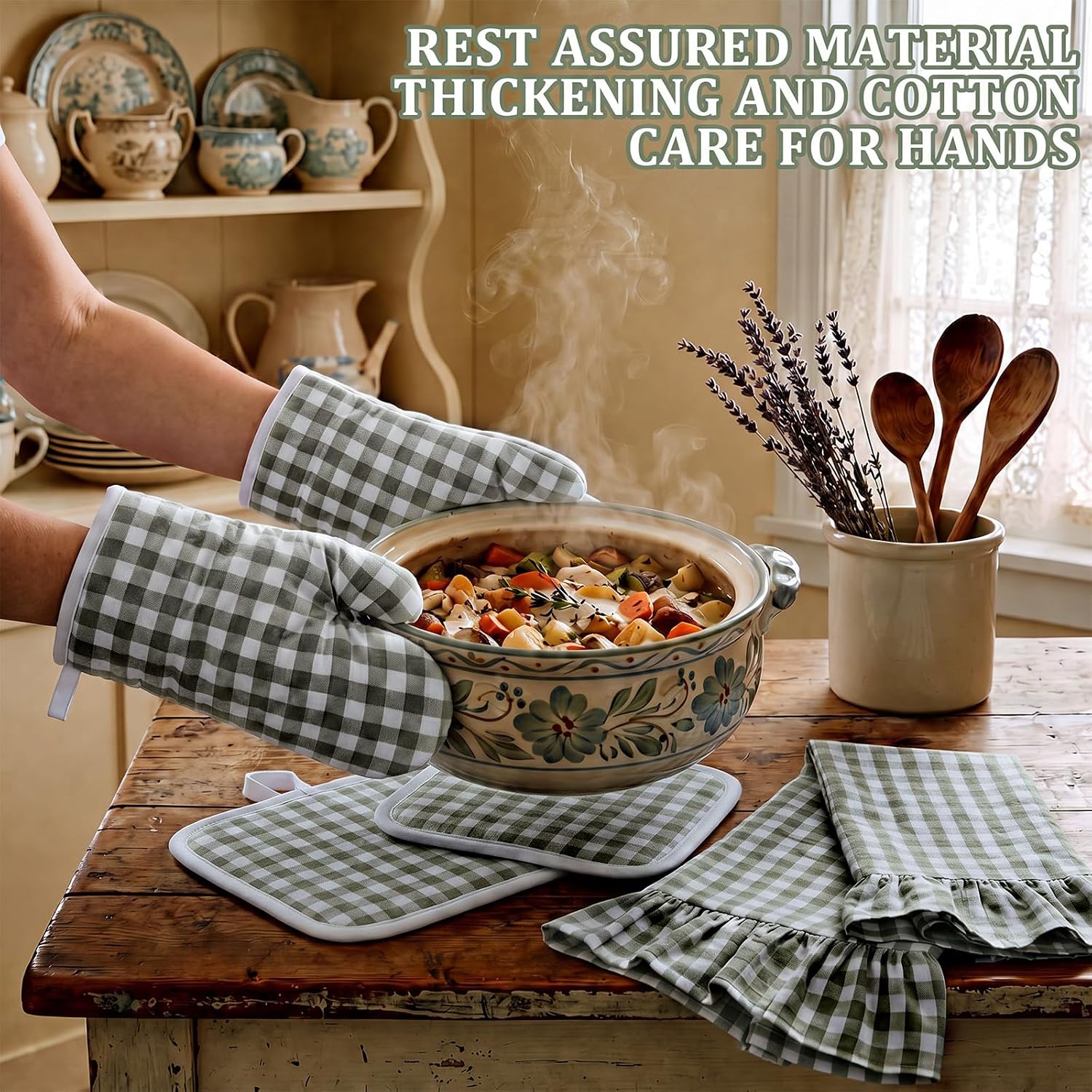 6 Pcs Green Gingham Kitchen Decor Accessories Set, Ruffle