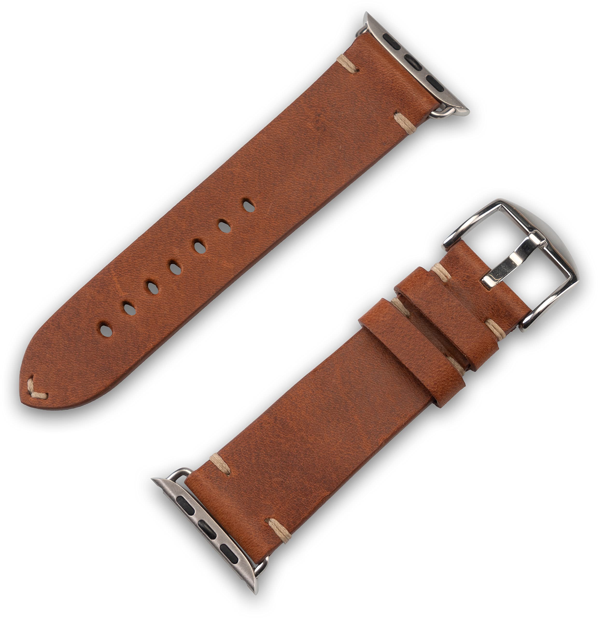 JT Berlin Watchband Alex II Vintage - Apple Watch Armband 45/44/42mm Leder | Echtleder Ersatzarmband für iWatch Ultra, 45mm, 44mm, 42mm - Handmade in Germany - Braun mit Edelstahl Dornschließe Silber
