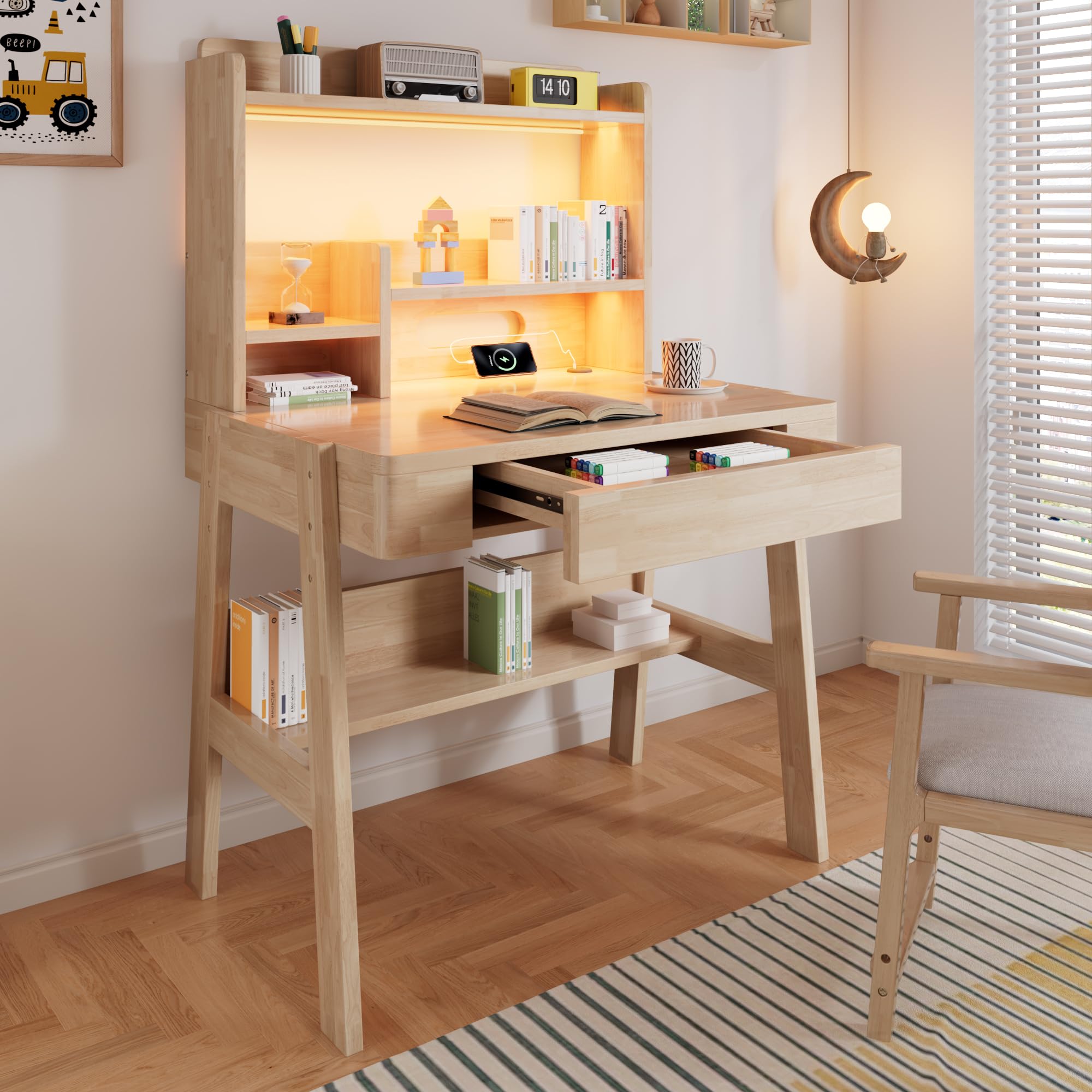 Kindertisch, Höhenverstellbarer Kinderschreibtisch aus Massivholz, Naturfarben, mit LED-Lichtleiste, USB-Anschluss, Schublade & Stauraum, kindgerecht, für Kinder ab 6 Jahren (84x60x127.5cm)