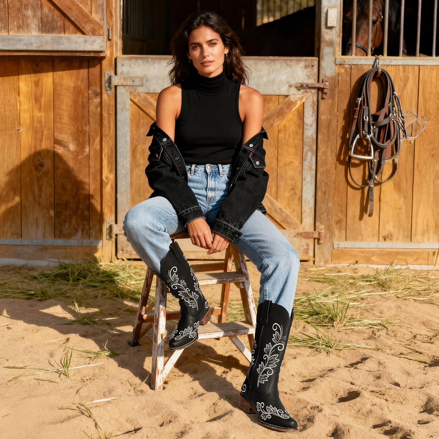 DREAM PAIRS Women's Cowboy Cowgirl Western Mid Calf Boots Square Toe Embroidered Stitched Pull On Country Boots with Low Chunky Heel - Image 2