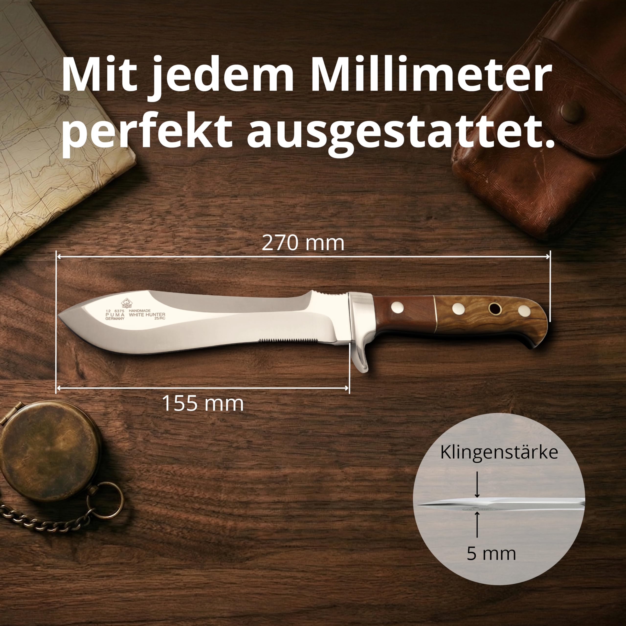 PUMA - White Hunter Löwe – Sonderedition des legendären Jagdmessers - handgefertigt in Solingen - Griff aus Oliven- & Pflaumenholz – 155mm Klinge - Vollerl - mit Sattellederscheide
