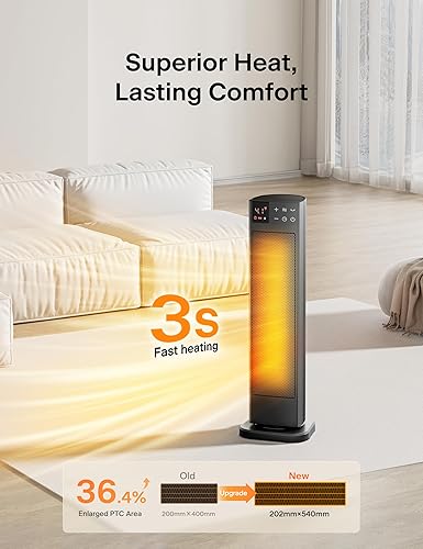 Miniatura 2 de PELONIS Calentador de espacio interior de torre de cerámica oscilante para el hogar con oscilación, termostato programable y modo ECO, temporizador