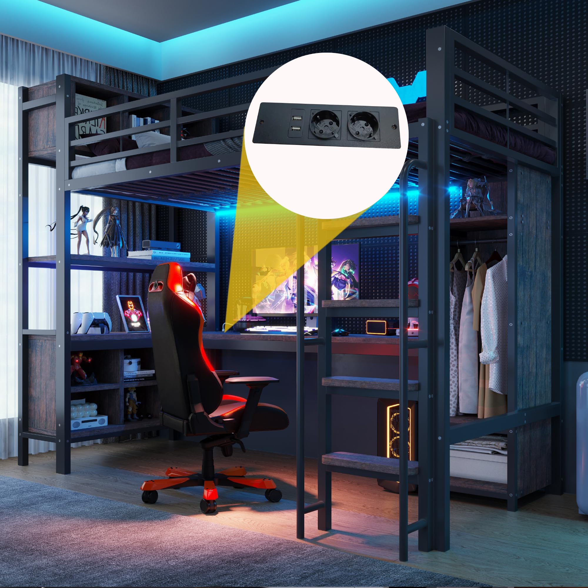 Letto a Soppalco Gaming per Cameretta, con Scrivania, Luci LED, Presa Elettrica, Armadio, Ripiani e Scaffali Aperti, Scala Larga, Metallo Robusta, per Adolescenti e Adulti (90 x 200 cm - Singolo)