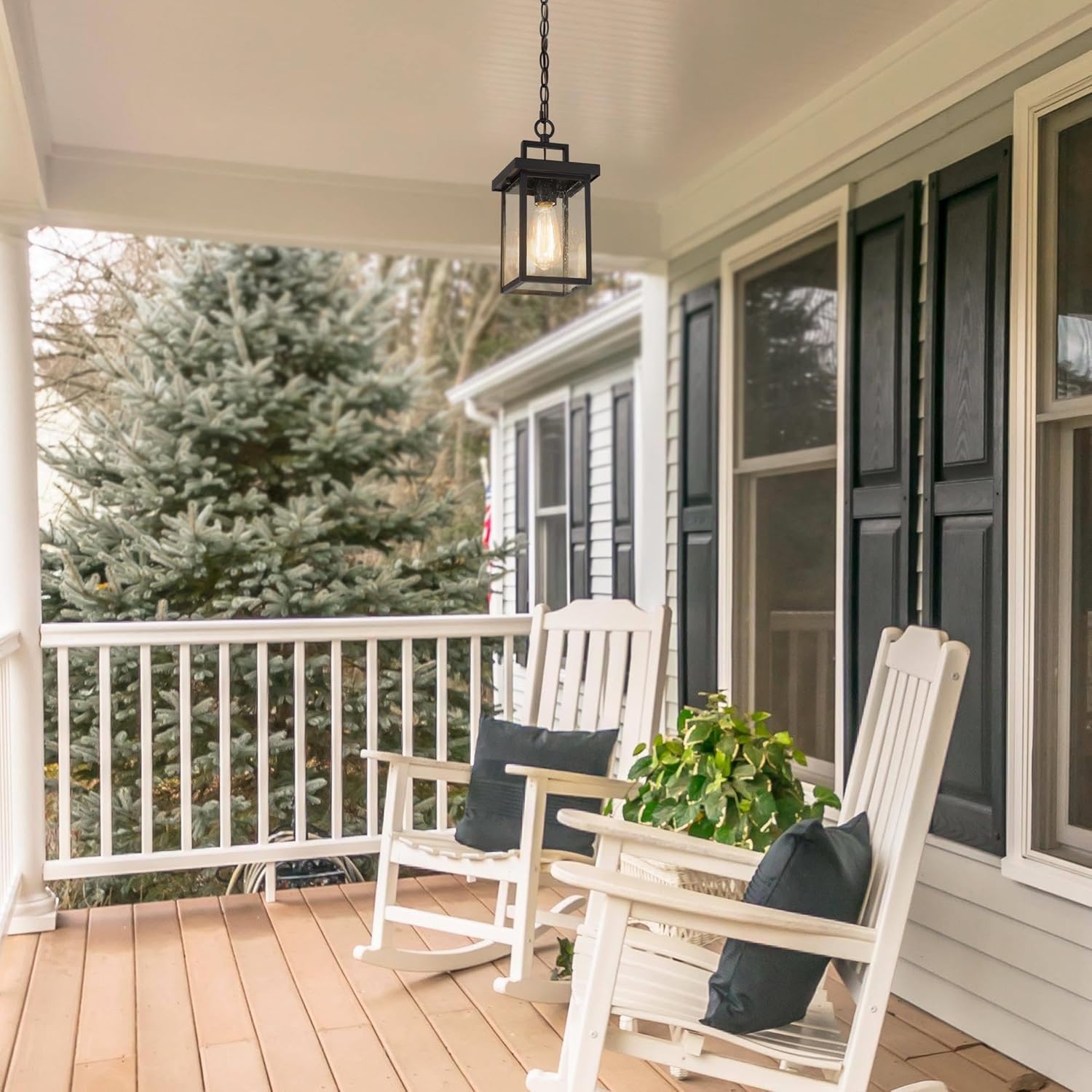 Outdoor Pendant Lights for Porch, Black Outdoor Pendant Light Fixture with Seeded Glass and Adjustable Chain, Modern Farmhouse Rectangular Exterior Pendant Hanging Lantern Light Fixtures