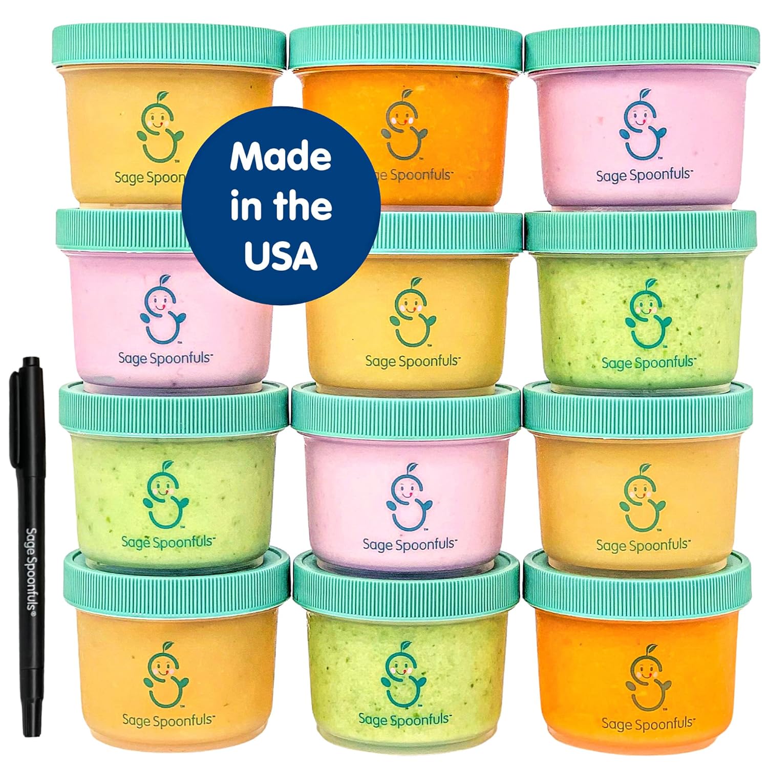 Sage Spoonfuls Baby Food Storage Containers – BPA-Free Plastic Jars with Leakproof Lids - Made in The USA, Microwave-Safe, Dishwasher & Freezer-Safe Clear, 12-Pack 4 Ounce Jars