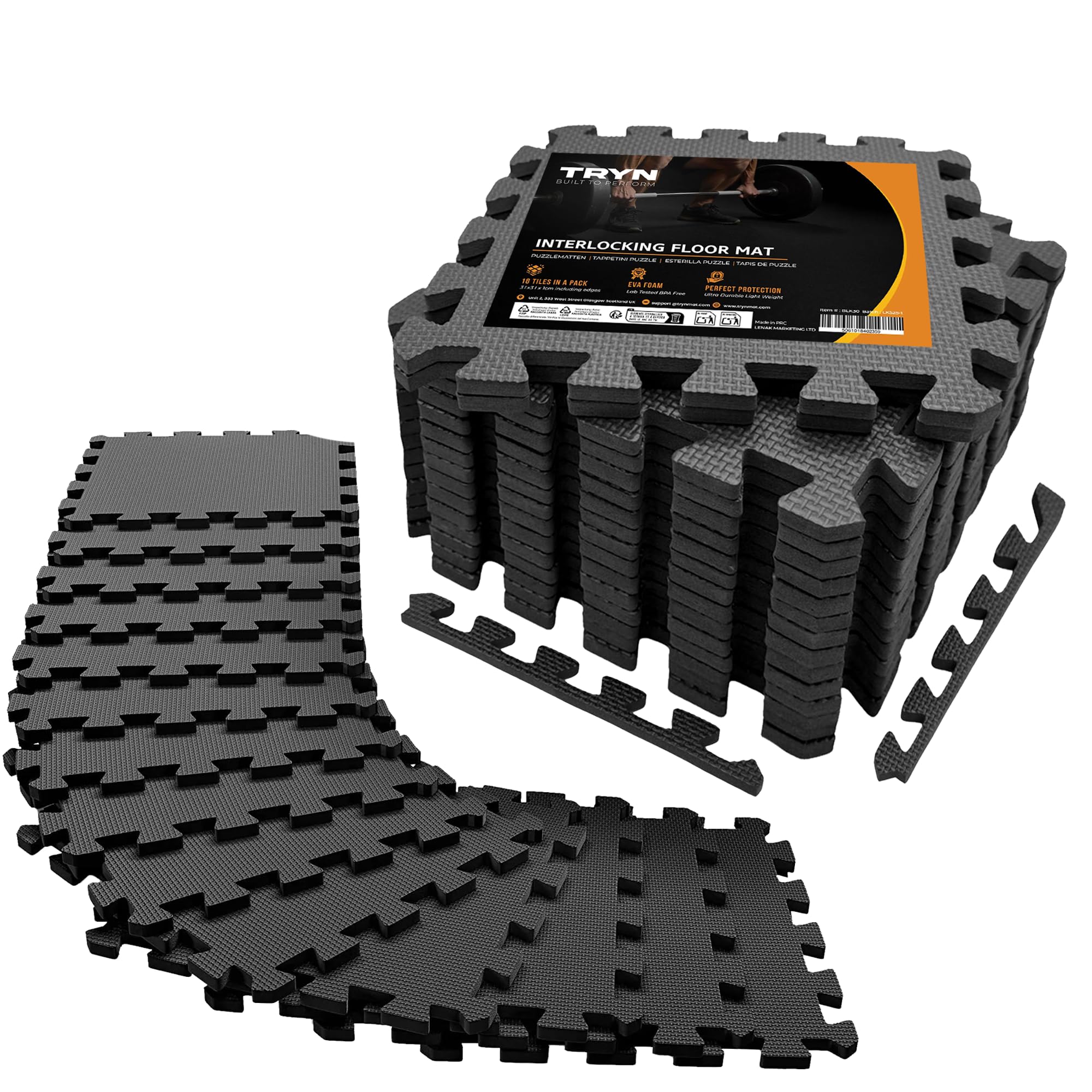 18Pc Interlocking Soft Foam Floor Mat - Exercise EVA Puzzle Tiles, Protective Gym Flooring, Ground Surface Protection, Workout Underlay Matting Sports Pool Home Fitness Garage Gymnastic (Black)