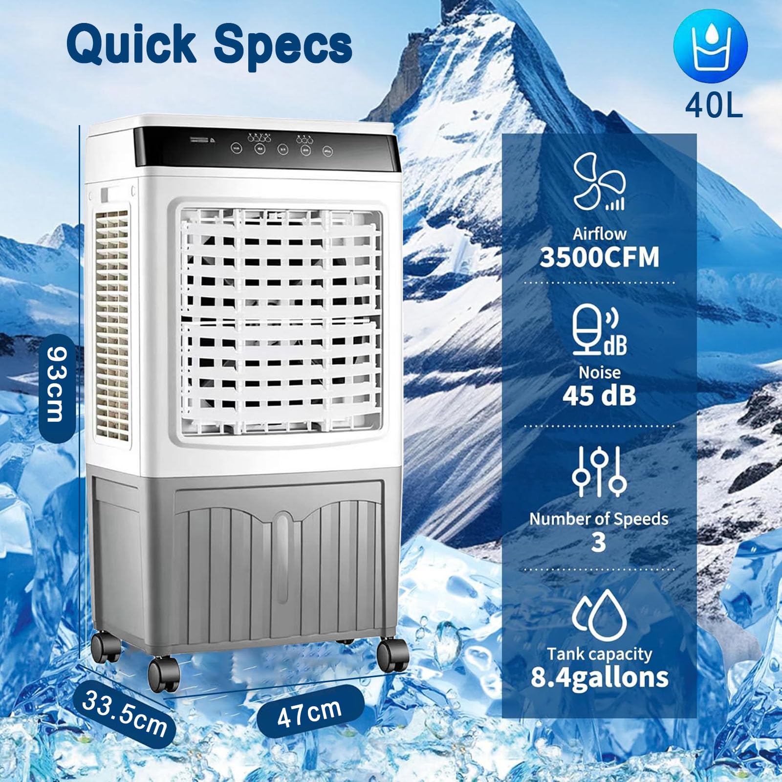Aires acondicionados portátiles, Enfriador de pantano 3 en 1 con 2 Bolsas de Hielo, Enfriador de Aire evaporativo con oscilación de 120°, Temporizador de 7,5 Horas, 3 velocidades, 3 Modos, Control